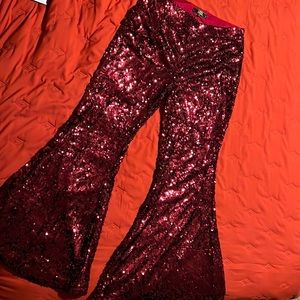 Burgundy Sequin Bell Bottom Pants